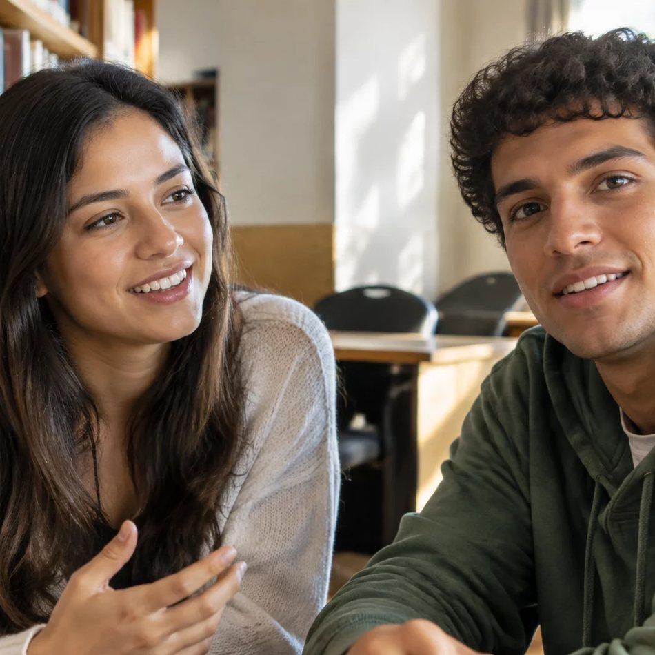 Roda de participantes; um deles repete em voz alta o argumento do colega antes de dar a resposta