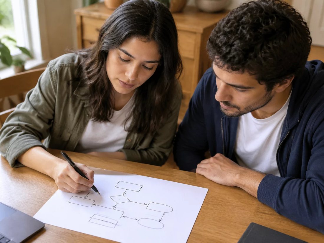 Dois alunos em pé diante do quadro branco, desenhando a ordem de um argumento